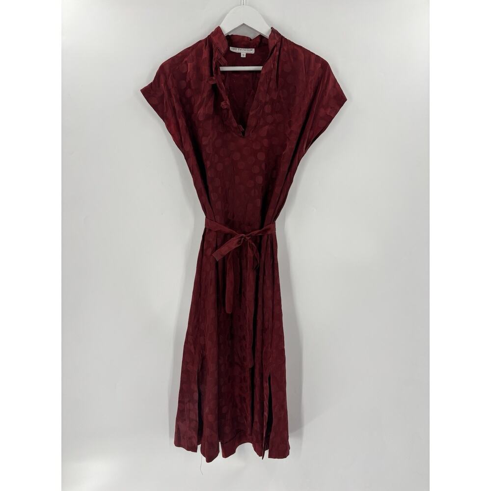 Vintage Over the Rainbow Shirt Dress Women Small Red Satin Polka Dot Belted Midi